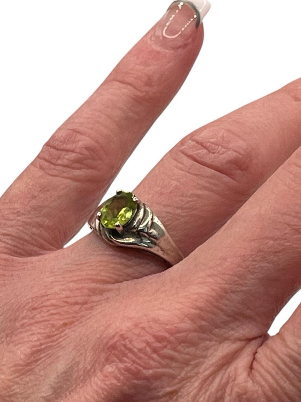 Artisan Oval Faceted Peridot Ring Prong Set in 925 Sterling Silver ring Size 7